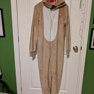 Sleep Nation Plush Hooded Onesie in Tan with White Front and Red Trim